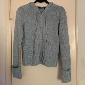 Blue acrylic knit zip-up cuffed sleeve hooded sweater Medium